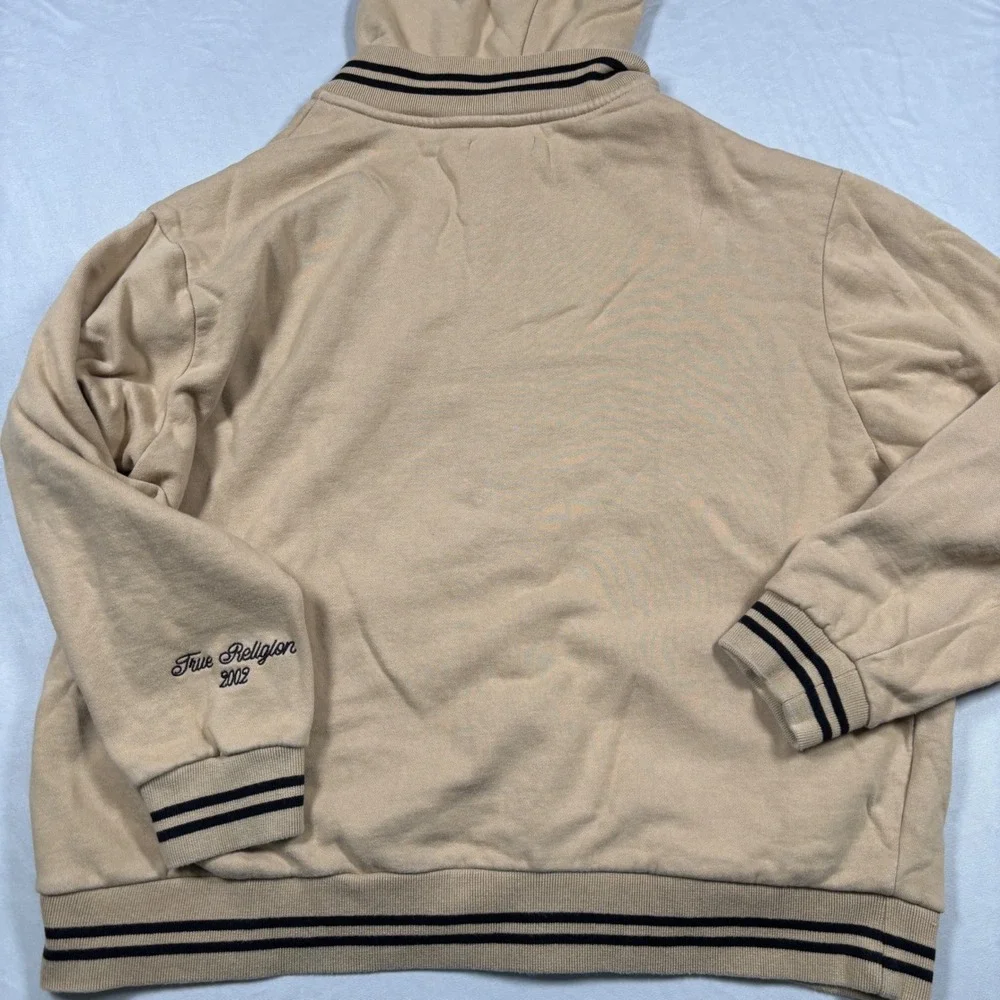 True Religion Varsity Hoodie Mens XL Tan Snap Front Chenille Logo Jacket Hoodie